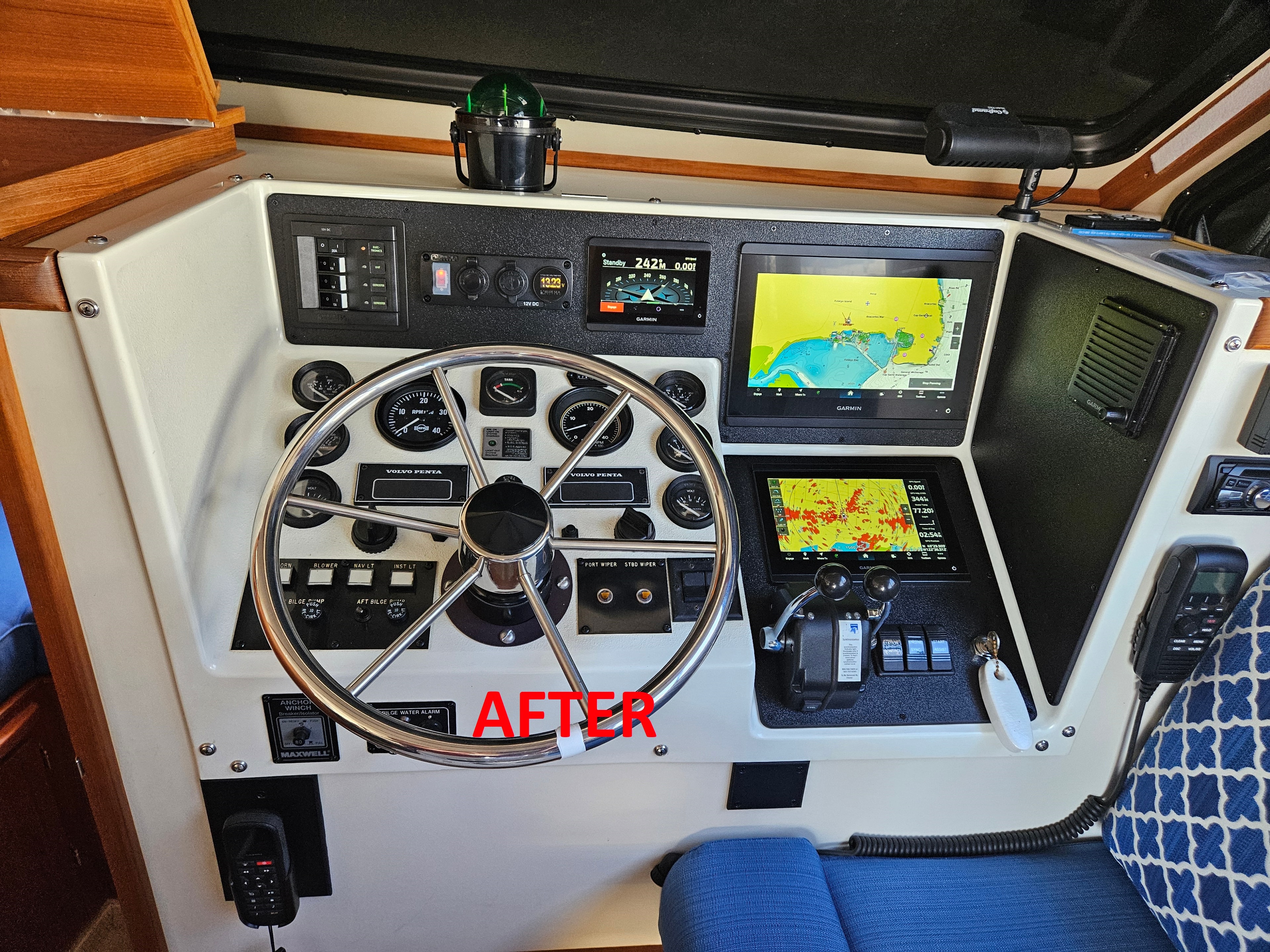 Dolphin Song helm station after Garmin electronics upgrade