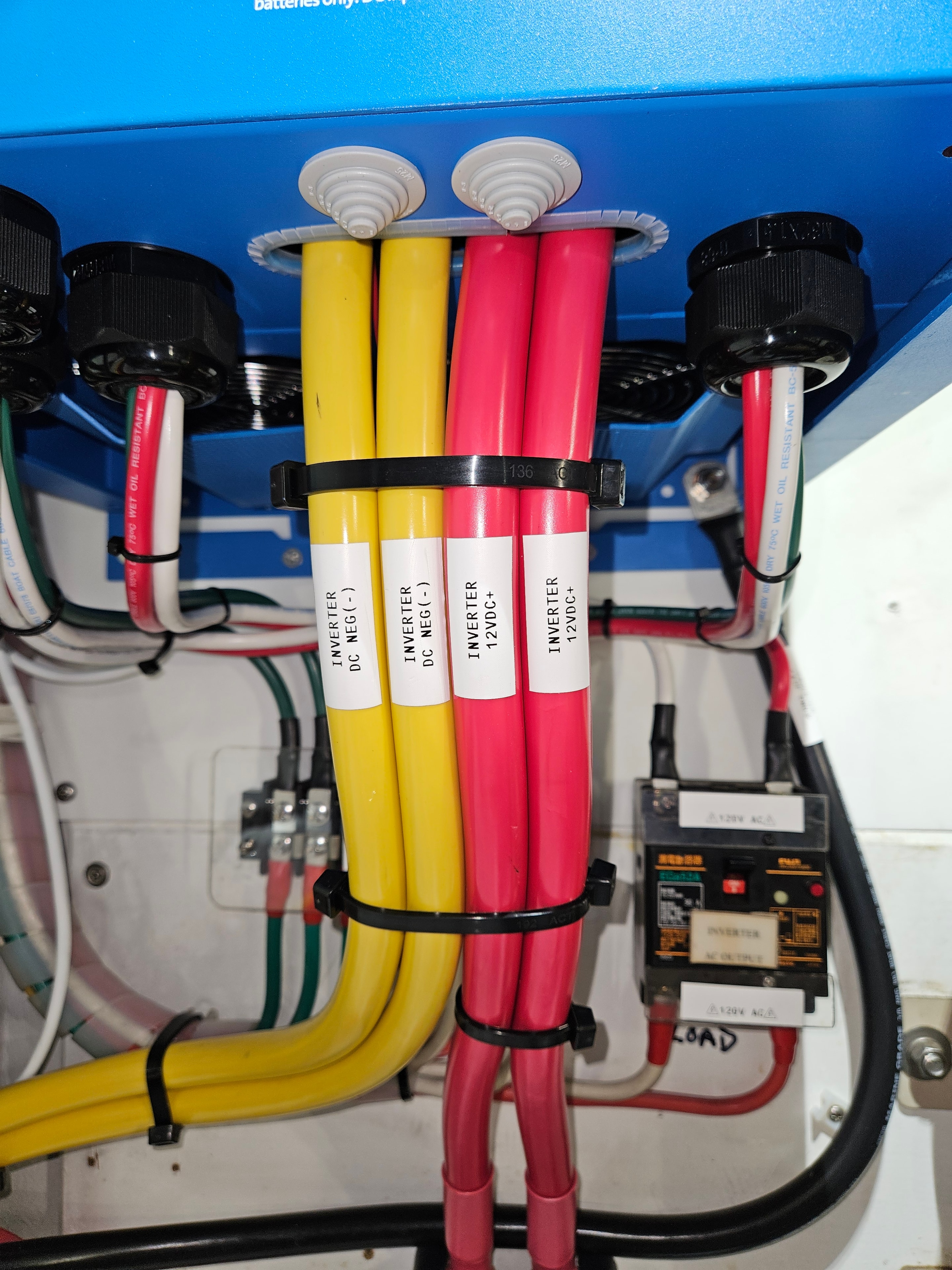Labeled inverter wiring with color-coded DC positive and negative cables