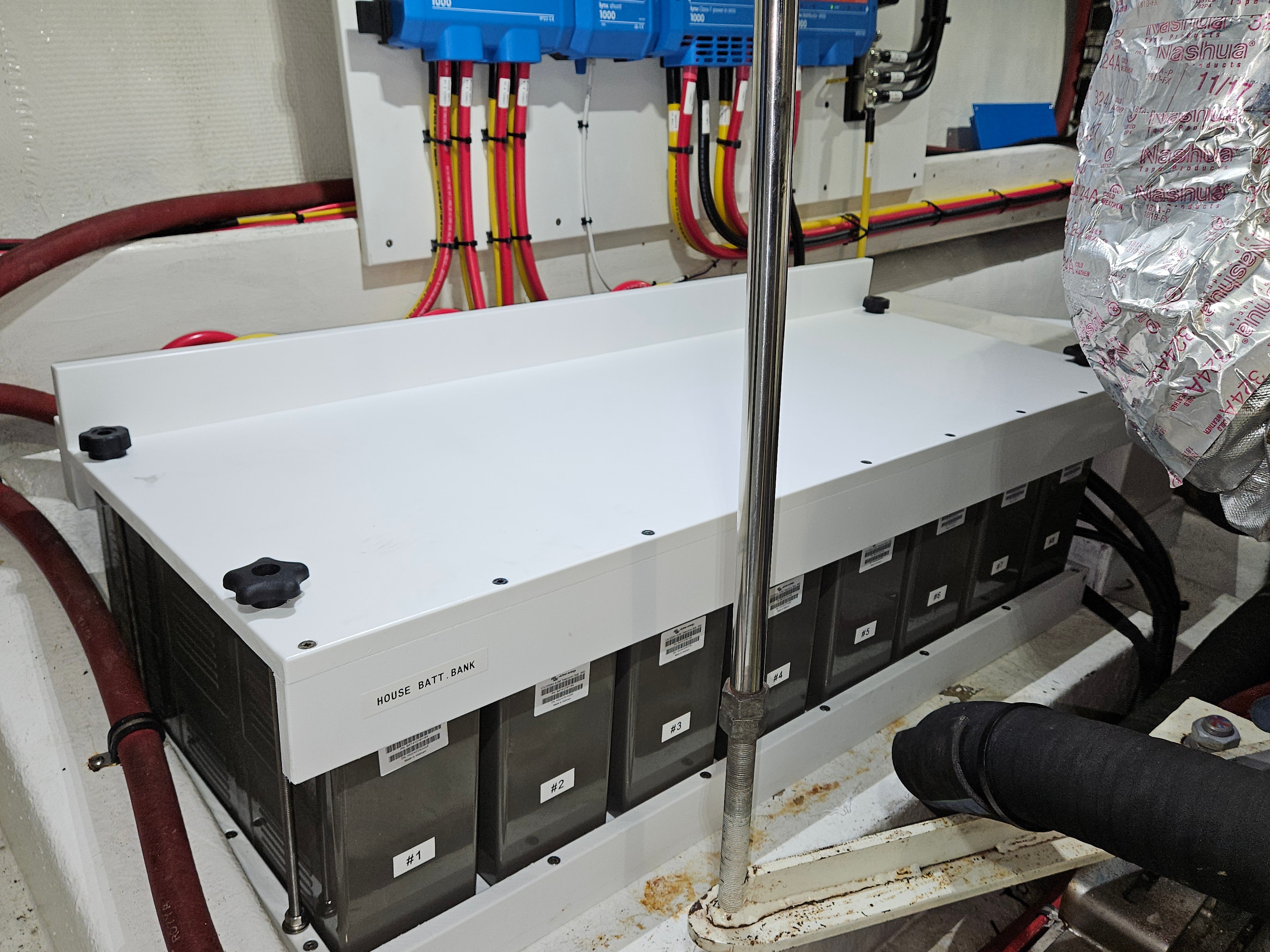 New house battery bank installation with Victron chargers and color-coded wiring