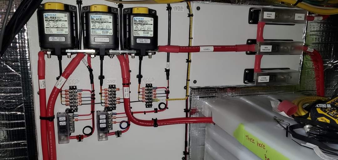 Nobska DC primary wiring panel with Blue Sea ML-RBS and ML-ACR battery management