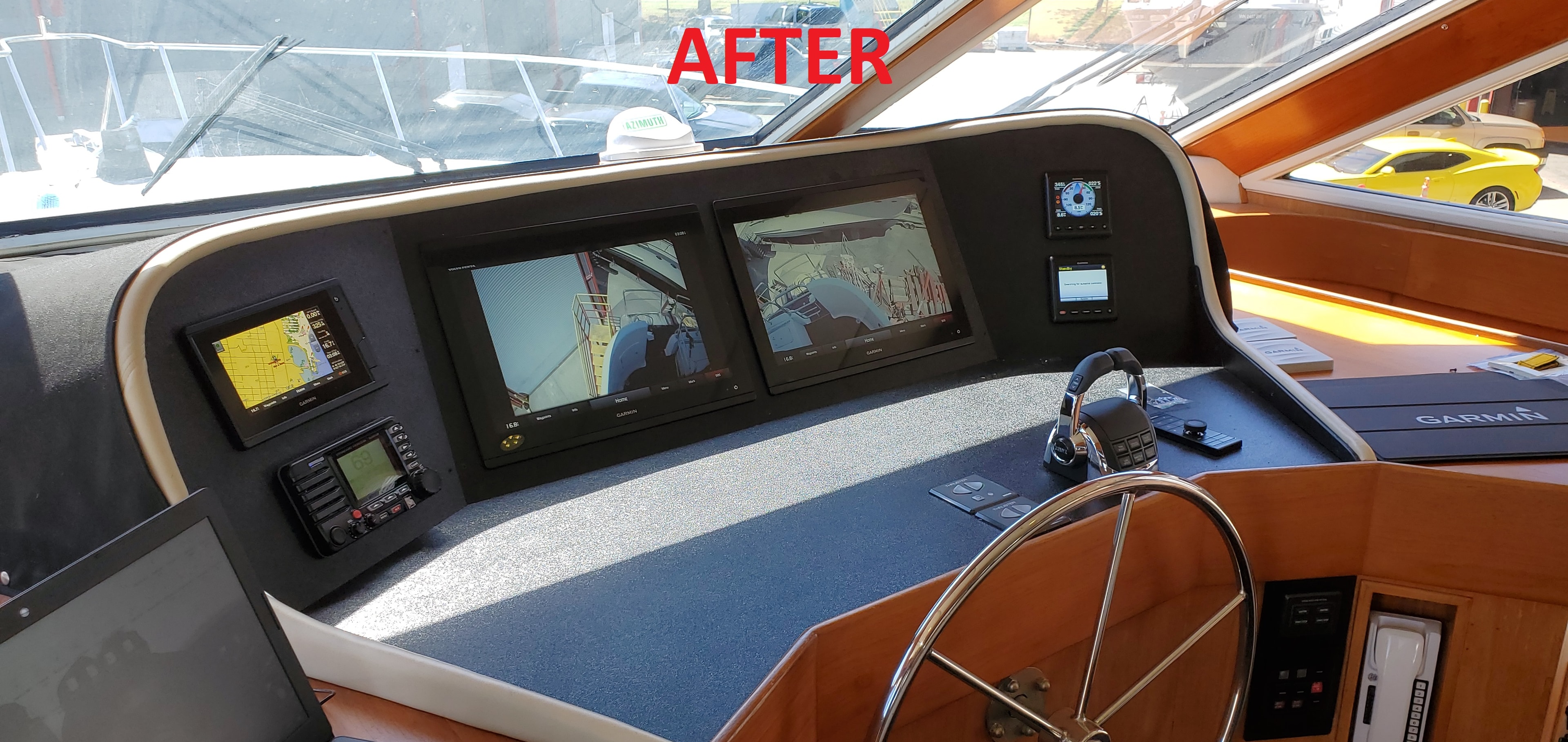 Raven pilothouse helm after full Garmin electronics upgrade