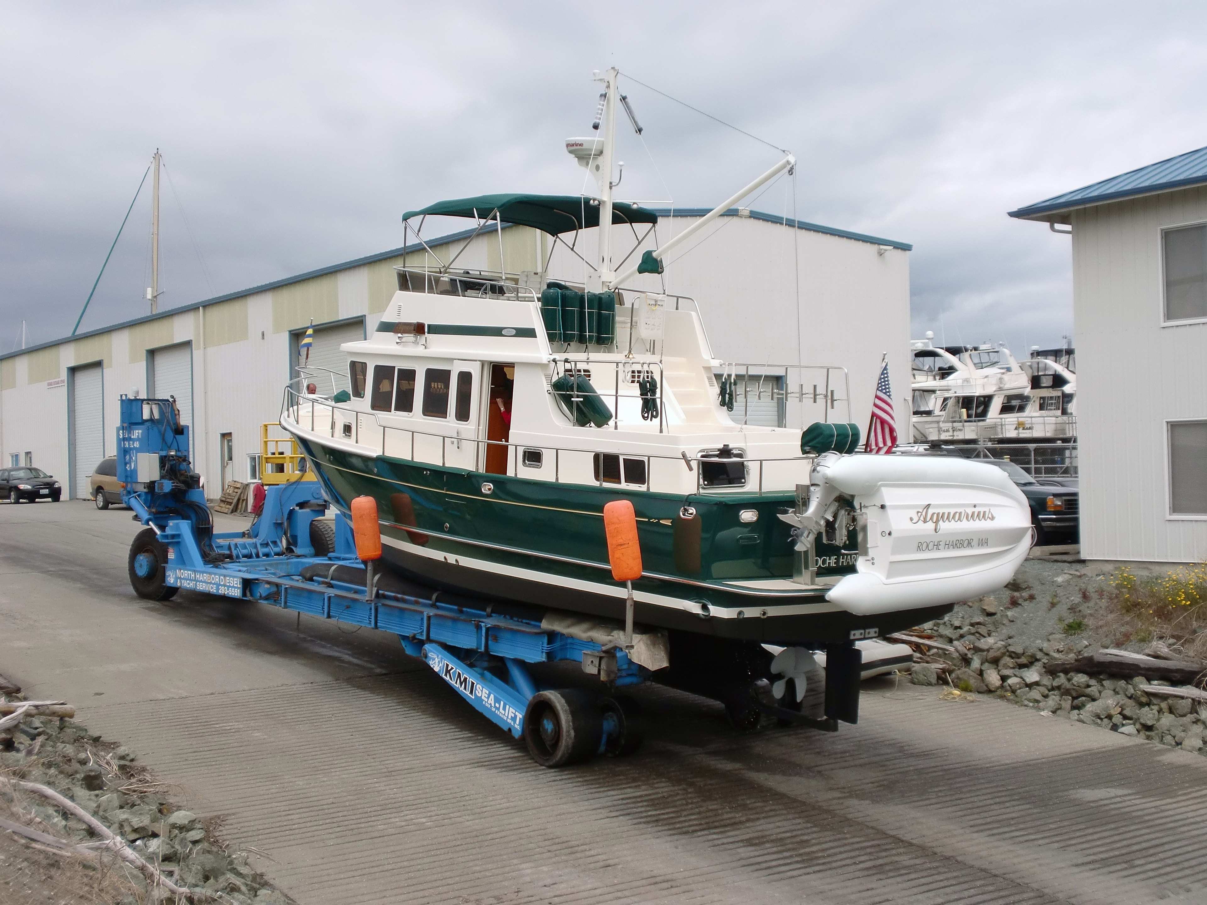 Aquarius trawler on Sea-Lift trailer at North Harbor Diesel