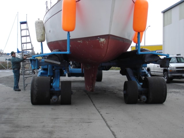 Sailboat hull on haulout trailer